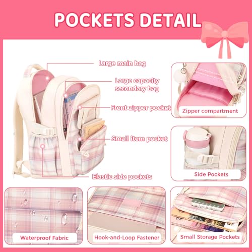 Cute Backpack for Girls, Large Capacity Kids Bookbag for Elementary Middle School Students Waterproof Kawaii Preppy Aesthetic Plaid Backpack Age 4-16 with Cute Accessories (Beige) - color: Beige