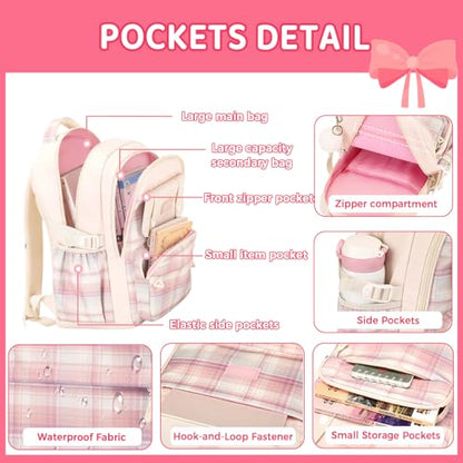 Cute Backpack for Girls, Large Capacity Kids Bookbag for Elementary Middle School Students Waterproof Kawaii Preppy Aesthetic Plaid Backpack Age 4-16 with Cute Accessories (Green) - color: Green