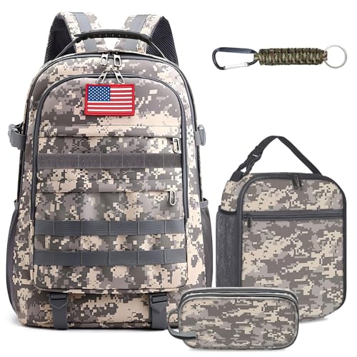 School Backpack for Boys - Camouflage Boys Backpack for Kids Teens Elementary Middle School - 4pcs Camo Students Bookbag with Lunch Box and Pencil Case & Key-chain,18″ Bookbag with Usb Charging Port - color: Camouflage-gray-set 1