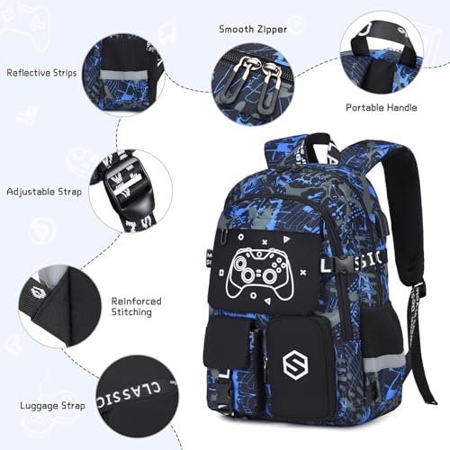 Scothen Boys Backpack, Cool Luminous Gamer School Backpacks for Boys with 14oz Insulated Water Bottle Lunch Bag Pencil Case, Kids Backpack Book Bags for Kindergarten Elementary Middle School - color: Blue