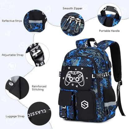 Scothen Boys Backpack, Cool Luminous Gamer School Backpacks for Boys with 14oz Insulated Water Bottle Lunch Bag Pencil Case, Kids Backpack Book Bags for Kindergarten Elementary Middle School - color: Blue