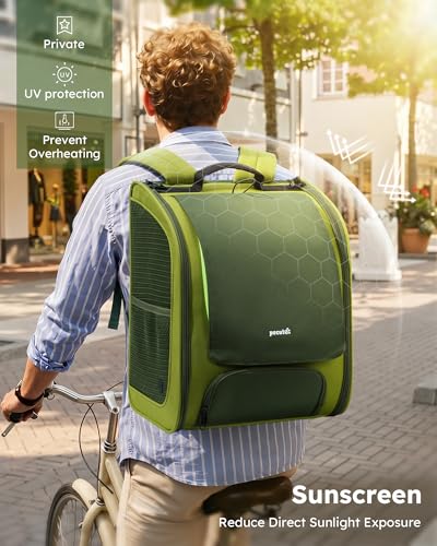 Pecute Cat Backpack Carrier,Large Space Cat Bubble Backpack,Ergonomic,Green | Color Blocking,Sunshade curtain,Folding bowl,Transparent window,Sturdy,Large mesh on both sides for breathability - color: Green-on-Green Color Blocking