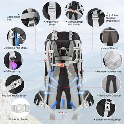 IGOLUMON 60L Hiking Backpack Waterproof Camping Backpack with Rain Cover Large Lightweight Backpacking Backpack for Men Women - color: Black