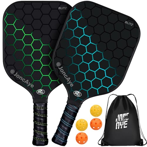 JoncAye Pickleball Paddles Set of 4 or 2, USAPA Approved Fiberglass Rackets with Outdoor Indoor Balls, Bag, Overgrip, Lightweight for Family, Professional Equipment for Beginners Intermediate - color: Blue&Green*2