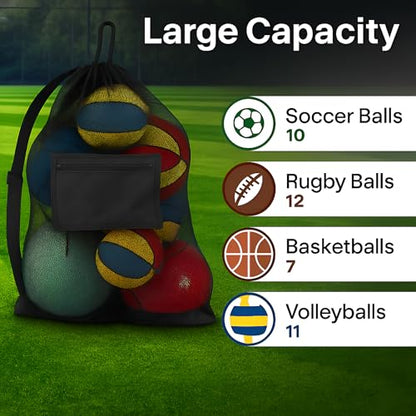 Handy Laundry Mesh Ball Bag - Up to 15 Balls Large Capacity Sports Equipment Bag Carrier with Adjustable Strap and Drawstring Closure - For Soccer, Basketball, Volleyball
