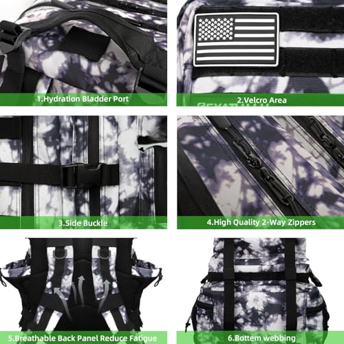 Military Tactical Backpack 55L for Men & Women Bug Out Bag Assault pack Molle Daypack Hiking Trekking Rucksack (Black and white tie dye) - color: Black and White Tie Dye