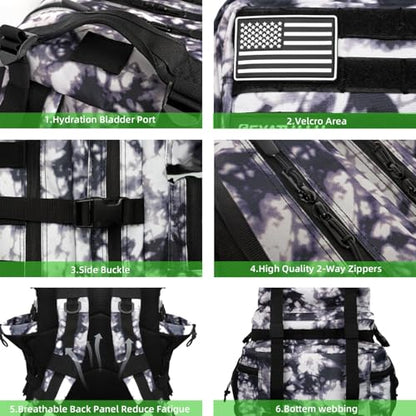 Military Tactical Backpack 55L for Men & Women Bug Out Bag Assault pack Molle Daypack Hiking Trekking Rucksack (Black and white tie dye) - color: Black and White Tie Dye