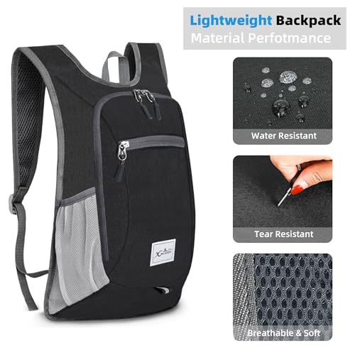 Xgunion Hiking Backpack 10L Small Travel Lightweight Daypack Foldable Hiking Packable Camping Hiking Backpacks for Women Men (Black) - color: Black