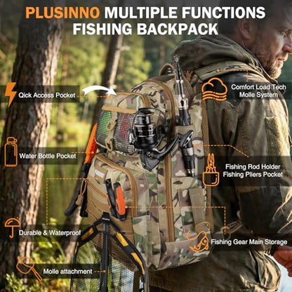 PLUSINNO Fishing Backpack with Fishing Gear Fishing Net, Waterproof Tackle Backpack with Rod Holders, Tackle Box, Lures, Tools, Pliers & Accessories, Fish Gifts for Men - color: Khaki Backpack With Net