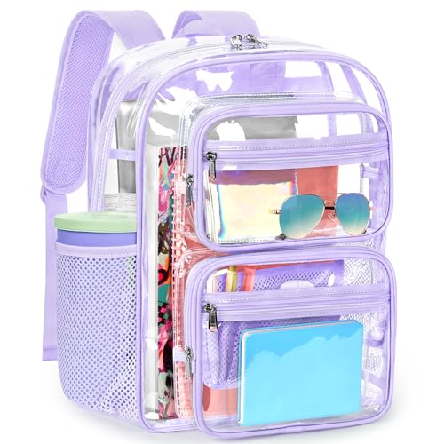 ZORFIN Heavy-Duty Clear Backpack for School and Work, Large Transparent Bag with Reinforced Straps - color: Purple, size: Large
