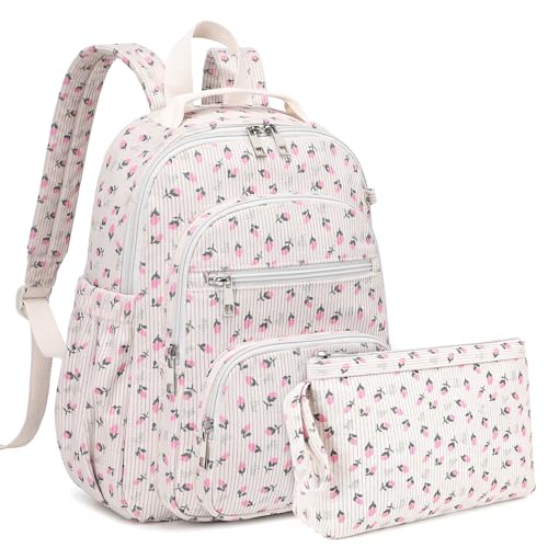 Sisipoet Mini Backpack for Women, Corduroy Small Backpack for Ladies Bookbag Purse for Women with Handy Wallet and Luggage Strap, Beige Tulip - color: Beige Tulip