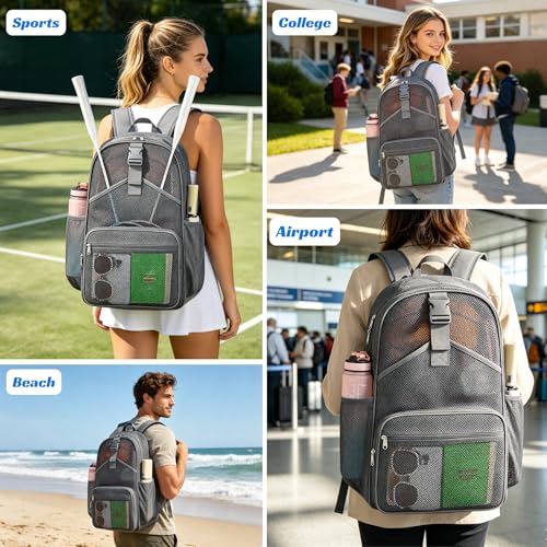 Metaverse Mesh Sports Backpack 20 Inch with Racket Holder for Men Women, Large Travel Gym Beach Backpack with Water Bottle Pockets - color: Grey
