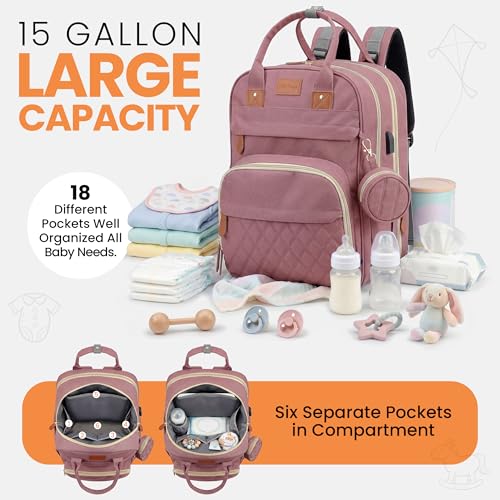 Diaper Bag Backpack with Changing Station | 600D Oxford Waterproof Baby Bag for Mom & Dad | Large Baby Diaper Bag Boy Girl | 16 Pockets, USB Charging Port, Foldable Pad - color: Perl Pink