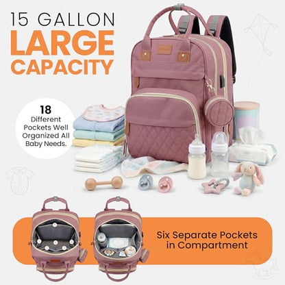 Diaper Bag Backpack with Changing Station | 600D Oxford Waterproof Baby Bag for Mom & Dad | Large Baby Diaper Bag Boy Girl | 16 Pockets, USB Charging Port, Foldable Pad - color: Perl Pink