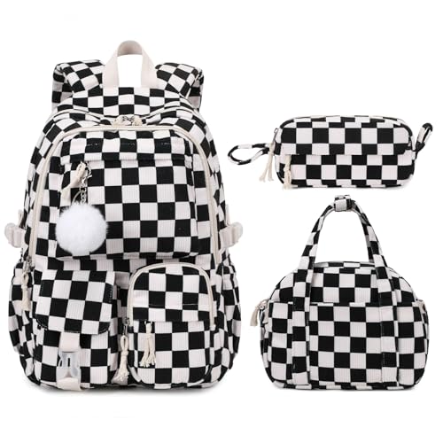 Backpack for Girls, 3PCS Corduroy Girls Schoolbag Set with Lunch Bag & Pencil Pouch, Lightweight Teen Girl Backpacks for Elementary Middle High School Bookbag Laptop Bag Travel Daypack - color: Black Checkerboard
