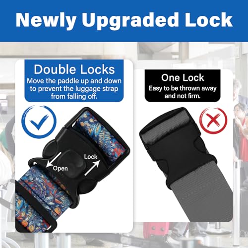 Luggage Straps for Suitcases, Travel Adjustable Belt with Quick Release Buckle, Heavy Duty Nylon Bag Packing Strap, Unique Bright Identifiers Business Travel Accessories (2 Pack) - Blue Flowers - color: Deep Blue