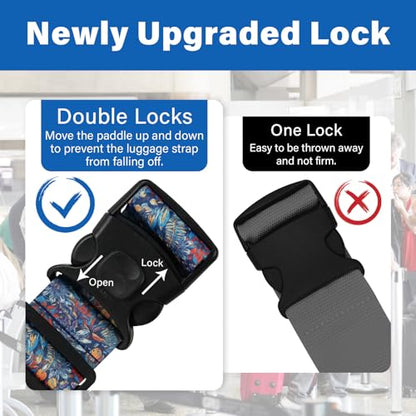 Luggage Straps for Suitcases, Travel Adjustable Belt with Quick Release Buckle, Heavy Duty Nylon Bag Packing Strap, Unique Bright Identifiers Business Travel Accessories (2 Pack) - Blue Flowers - color: Deep Blue