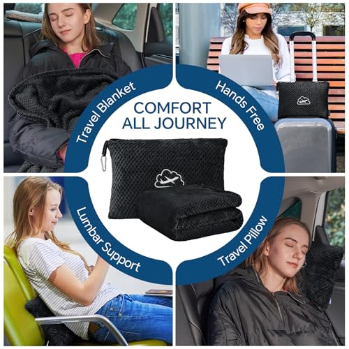 BEDELITE Travel Blanket with Bag, Ultra-Soft Jacquard Fleece Blanket with Luggage Sleeve & Backpack Clip, Airplane Blanket Travel Essentials, Black - color: Black