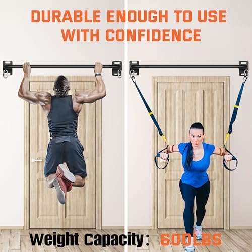 36" Heavy Duty Pull Up Bar Wall/Joist Mounted, 600 LB Capacity, Multi-Grip Bar for Garage & basement rafter Use - All-in-One Workout Station with Carabiners & Space-Saving Design - color: Black