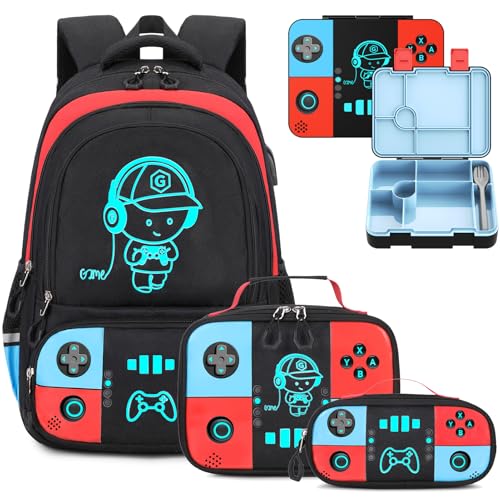 Bevalsa Backpack for Boys with 43OZ Bento Lunch Box,Insulated Lunch Bag & Pencial Case,Cool Luminous Gamer Schoolbag for Kids Teens Elementary Middle School,Bookbag Glow In The Dark - color: Red Blue, style: Backpack With 43oz Bento Box