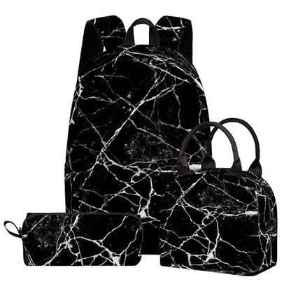 3PCS Marble Backpack Set for Teens Elementary Middle High School, 17 Inch Lightweight Classic Backpack 3 in 1 Set for Girls Boys, Kids Back to School Backpack with Lunch Box Pencil Case - color: Black Marble