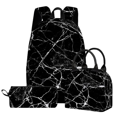 3PCS Marble Backpack Set for Teens Elementary Middle High School, 17 Inch Lightweight Classic Backpack 3 in 1 Set for Girls Boys, Kids Back to School Backpack with Lunch Box Pencil Case - color: Black Marble