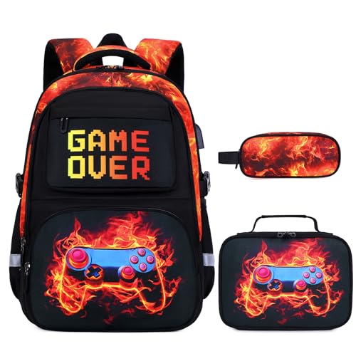 Scothen 3PCS Boys Backpack Set, Cool Backpack for Boys with Lunch Bag & Pencil Case, Kids School Bag Teen Boy Bookbag for Kindergarten Elementary Middle School with USB Charging Port - color: Red Flame