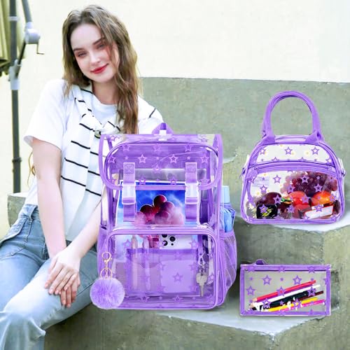 17" Clear Backpack for School, Girls Kids Transparent Bookbag Set, 3Pcs Stadium Approved See Through Backpack with Lunch Box (Purple) - color: Star Purple