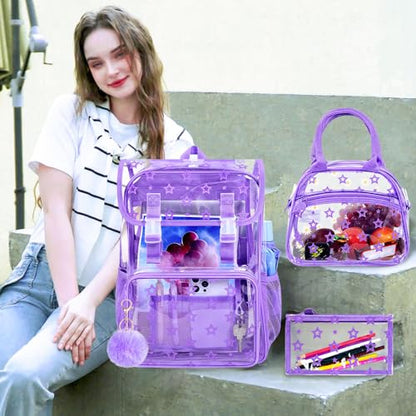 17" Clear Backpack for School, Girls Kids Transparent Bookbag Set, 3Pcs Stadium Approved See Through Backpack with Lunch Box (Purple) - color: Star Purple