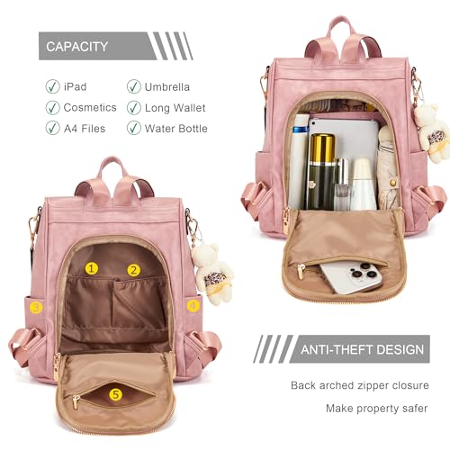 Soperwillton Women Fashion Backpack Purse Anti-Theft Leather Shoulder Bag Travel Multi Pockets Handbag Wallet Set 3pcs - color: Pink