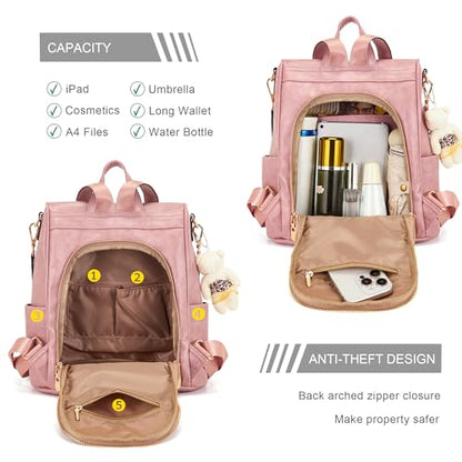 Soperwillton Women Fashion Backpack Purse Anti-Theft Leather Shoulder Bag Travel Multi Pockets Handbag Wallet Set 3pcs - color: Pink