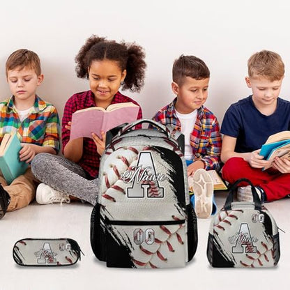 Mercuryelf Custom Baseball Backpack Set for Kids - Personalized Monogram Boys School Bookbag with Lunch Box for Youth Player Team - color: White