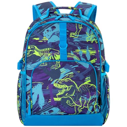 Choco Mocha Dinosaur Backpack for Kids Boys, Elementary School Backpack for Boys Ages 6-8 Kids Bookbag 17 Inch with Chest Strap, Blue - color: Dinosaur-bright Blue