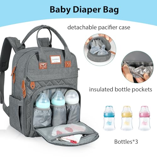 LANDICI Diaper Bag Backpack, Multifunction Baby Diaper Bags with Changing Pad, Stroller Straps & Pacifier Case, Travel Essentials Back Pack for Mom Dad Boy Girl, Large Capacity, Waterproof, Grey - color: Grey
