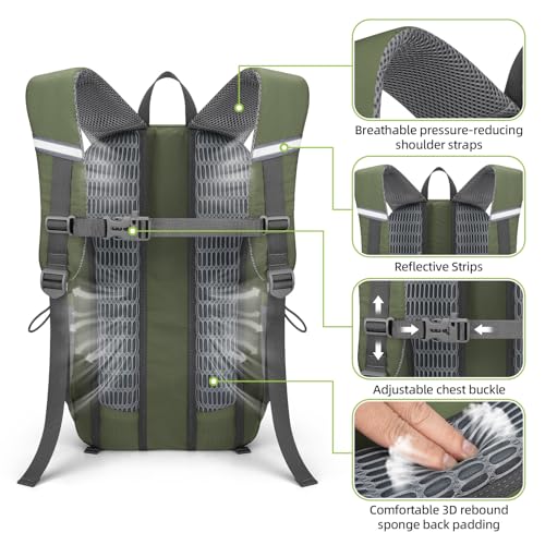 RealCool 20L Lightweight Hiking Backpack, Waterproof Daypack for Camping | 210D tear-resistant nylon, breathable shoulder and back panel, Multi-Compartment,hydration system,reflective strip,bungee net - color: Army Green, size: 20L