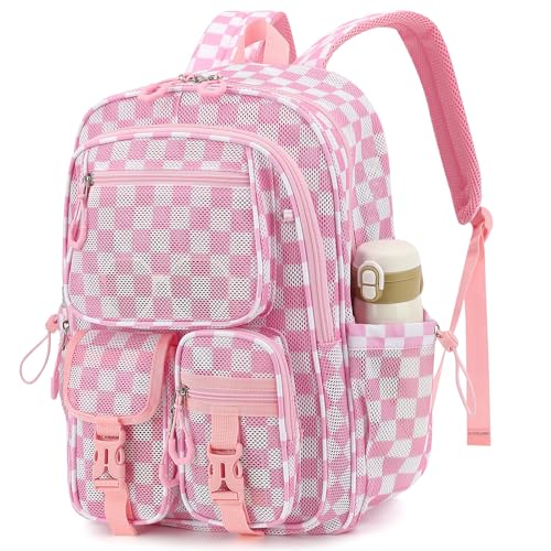 Mesh Backpack for School, Heavy Duty Mesh Bookbags for Women Girls Boys Kids with Inner Laptop Compartment for College, Travel, Beach, Swimming, Sports - Checkered Pink - color: Checkered Pink