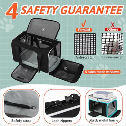 Petskd Small Pet Carrier with Wheels (17" L x 11" W x 9.5" H), Alaska Airlines Approved, Rolling Pet Carrier for Small Dogs & Cats (Black) - color: Black and Wheeled, size: 17.0"L x 11.0"W x 9.5"H