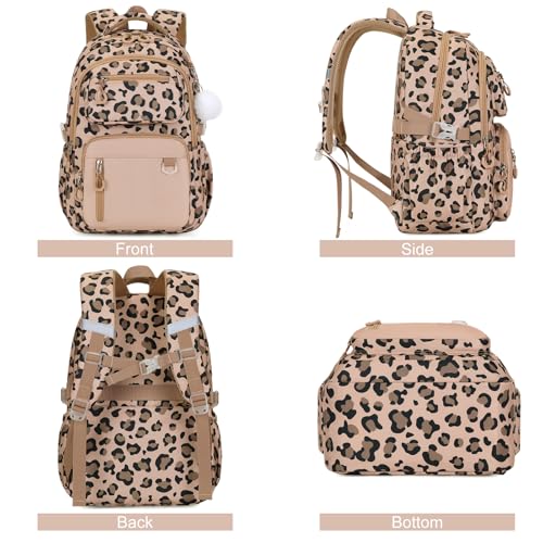 Bevalsa Backpack for Girls 3PCS Teen Girls Backpack for School with Lunch Bag Pencil Case Brown Cute Kids Laptop Backpacks Bookbag for Elementary Middle High School College Student (Leopard) - color: Brown Leopard