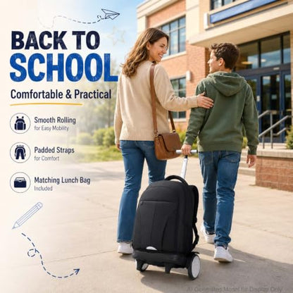 AGSDON Quiet Glide Rolling Backpack with Lunch Box Set - Large Wheel Water-Resistant Wheeled Bag for Business, Travel, and College | Black 3-in-1 Organizer Backpack - color: Reflective Black - Rolling Backpack