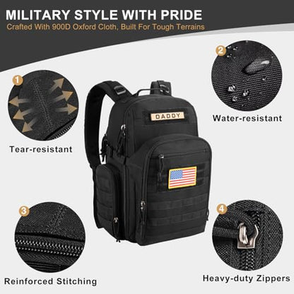 MIRACOL Military Diaper Bag for Dad: Tactical Design with Changing Pad & Daddy Patches - Pride Solution for Veteran Fathers in Baby Outings - color: Black W/ Changing Mat