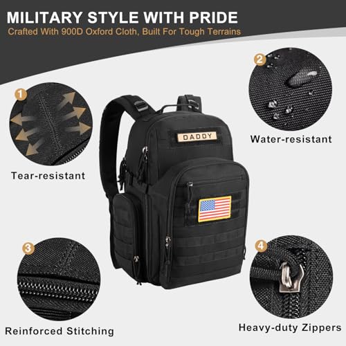 MIRACOL Diaper Bag Backpack for Dad: 40L XL Capacity Fits 1-3 Days Trip - Military Style with Daddy Patch for Active Dads - Ideal Gift for New Fathers & Husbands - color: Black