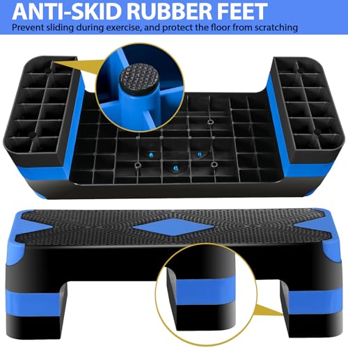 ZENY 26.5 inch Aerobic Step Platform with 4 Step Risers, Height Adjustable Exercise Stepper for Home Gym Workouts, 400 lbs Capacity - color: Blue