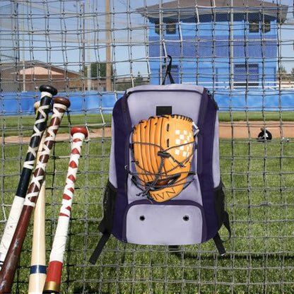 MATEIN Baseball Backpack, Softball Bat Bag with Shoes Compartment for Youth, Boys and Adult, Lightweight Baseball Bag with Fence Hook Hold TBall Bat, Batting Mitten, Helmet, Caps, Teeball Gear - color: Purple, size: 29L