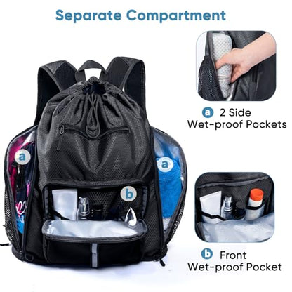 Large Beach Backpack w/Shoe Compartment &Detachable Ball Mesh Bag - color: Black