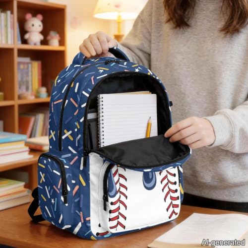 Suobstales Navy Blue Baseball Ice Cream Drip Print Kids Backpack for Girls Boys Elementary School Bookbag School Bag with Zippe Pocket Lightweight Rucksack Travel Daypack with Adjustable Straps - color: Navy Blue Baseball Ice Cream Drip
