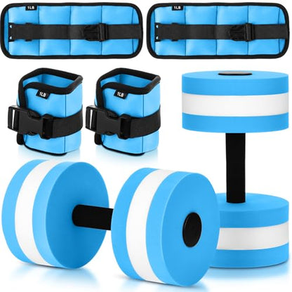 Hollowfly Water Aerobics Set, 4 Piece Pool Exercise Kit (2 Aquatic Dumbbells + 2 Ankle/wrist Weights), EVA Foam, Low-impact Workout - color: Blue, size: 1lb