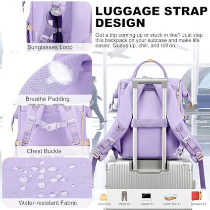 AIJIEKE Lunch Backpack for Women, 15.6 Inch Laptop Backpack with Detachable Insulated Cooler Lunch Box, 2-in-1 Water Resistant Work Computer Bag for Nurse Teacher College Commute, Purple - color: Purple