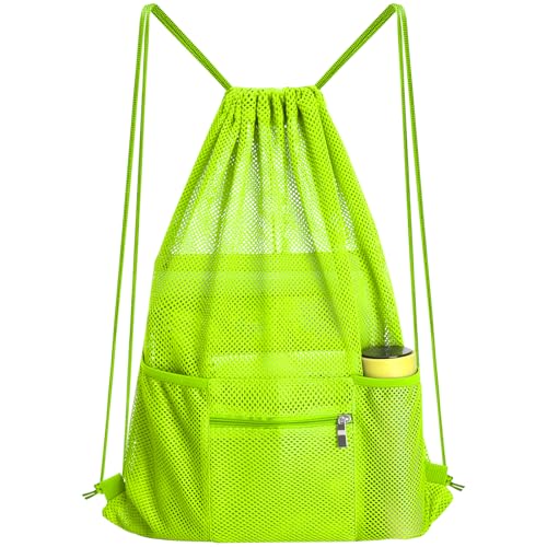 NATURAL STYLE Mesh Drawstring Backpack Bag, Gym Sports Bag with Zipper Pocket Bottle Holder, String Beach Bag for Swiming Travel (Green) - color: Green