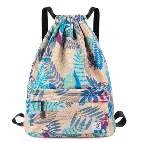Drawstring Backpack with Mesh Pockets String Gym Bag Sackpack Sandproof Water Resistant Beach Backpack for Men Women - color: 01-gray Leaves