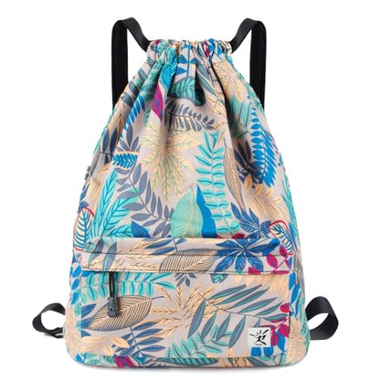Drawstring Backpack with Mesh Pockets String Gym Bag Sackpack Sandproof Water Resistant Beach Backpack for Men Women - color: 01-gray Leaves